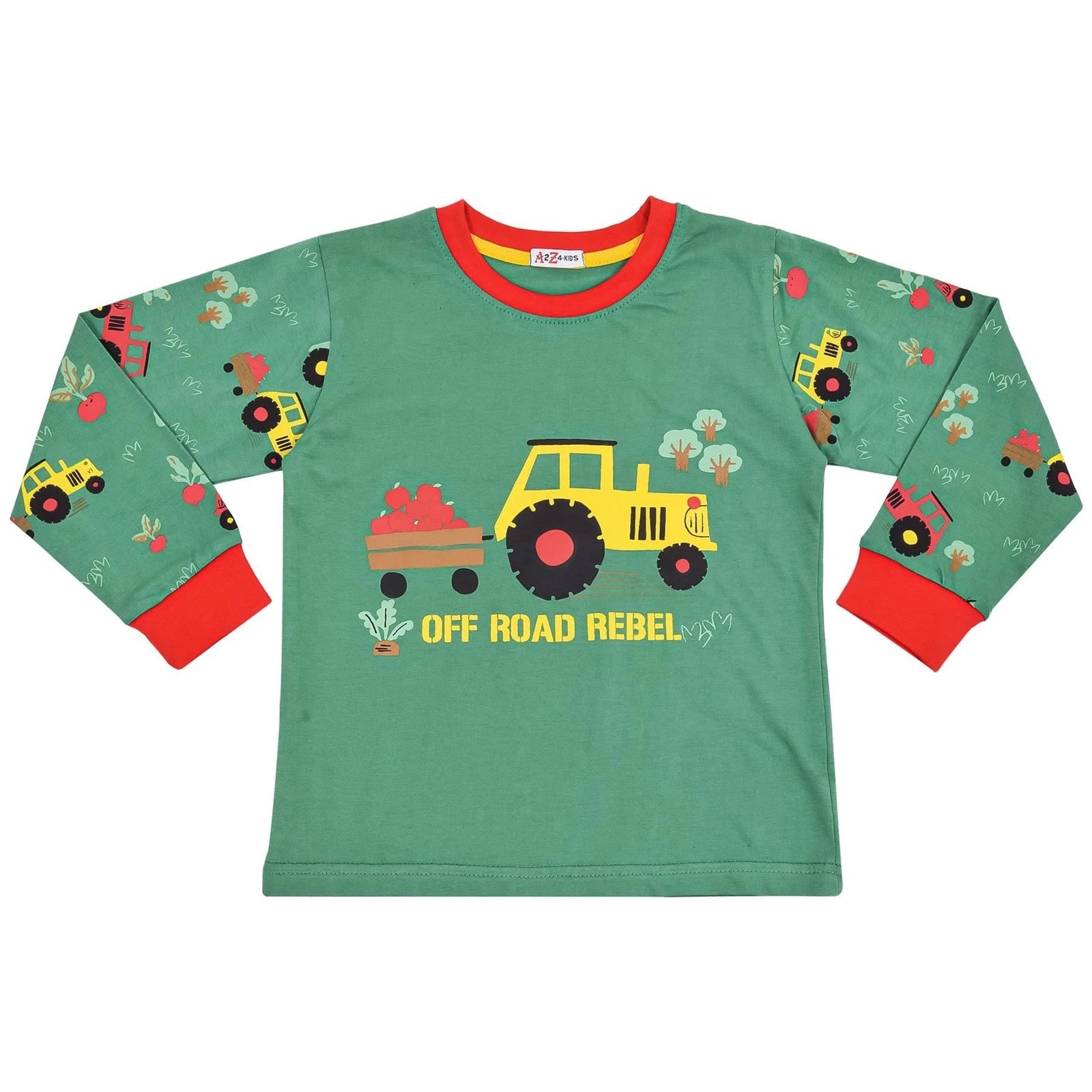 Kids Boys Girls Pyjamas Tractor Contrast Top Bottom Sleepwear Set Age 2-13 Years