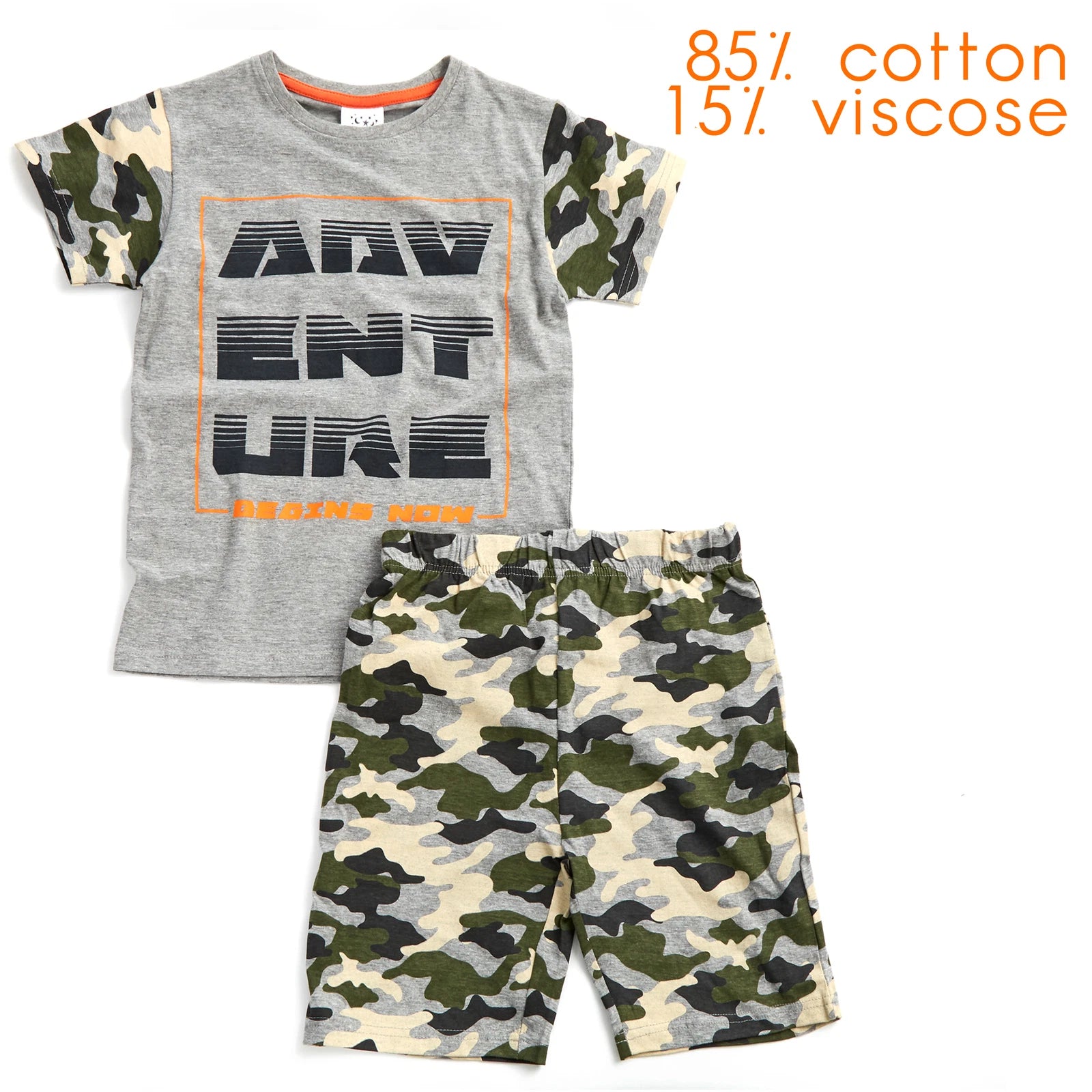 Boys Camo Short Sleeved Pyjama Set Adventure Army Theme Summer PJ's 2-13 Years