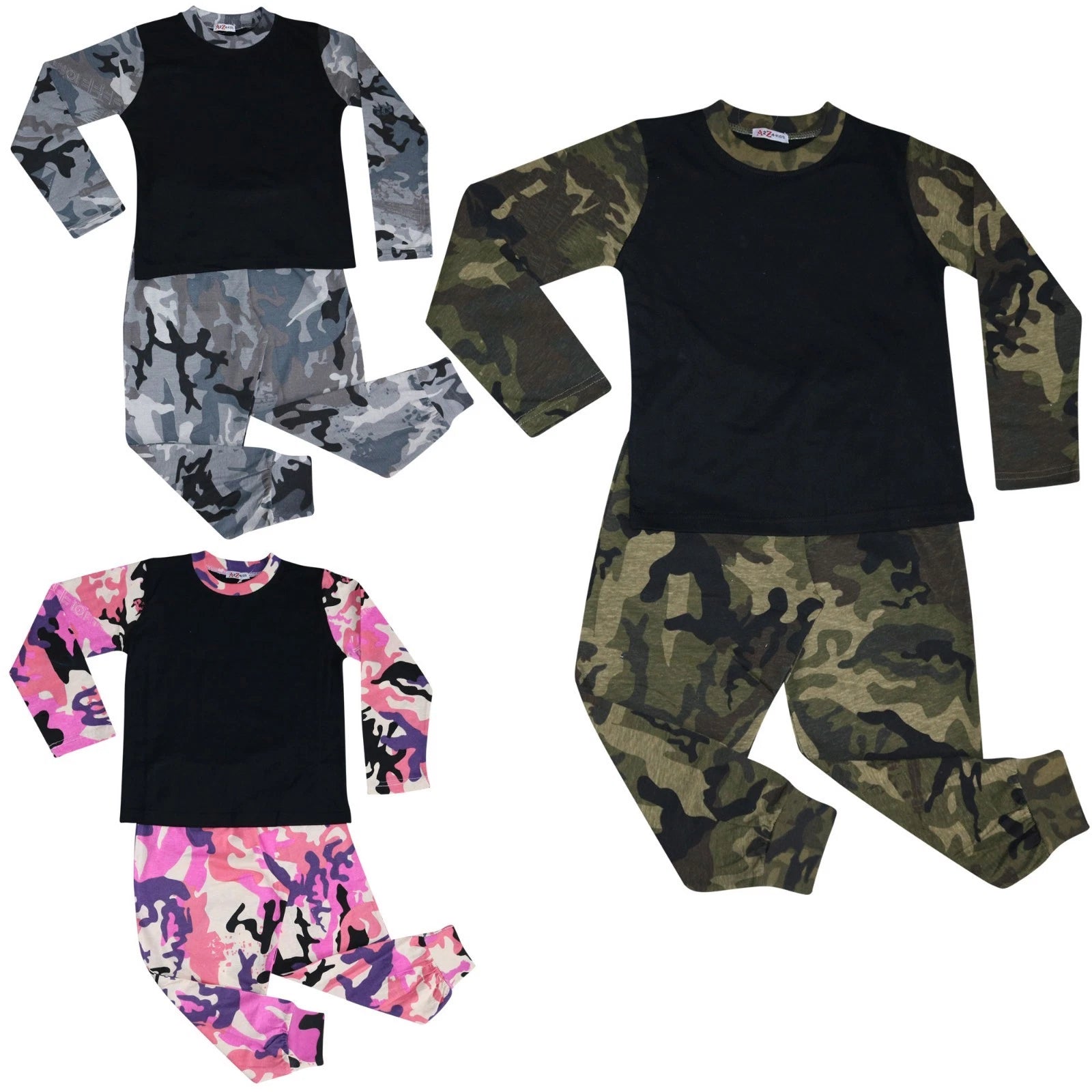 Kids Boys Girls Pjs Contrast Camouflage Plain Stylish Pyjamas Set 2-13 Years