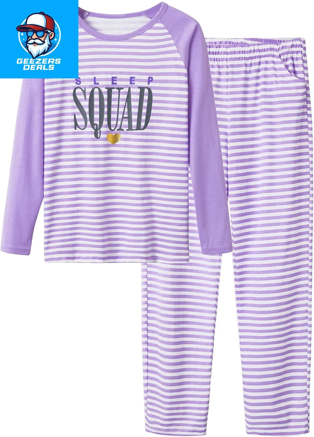 Pajamas for Girls Size 6-16 Pants & Long Sleeve Jammies Glitter Heart & Stripe T