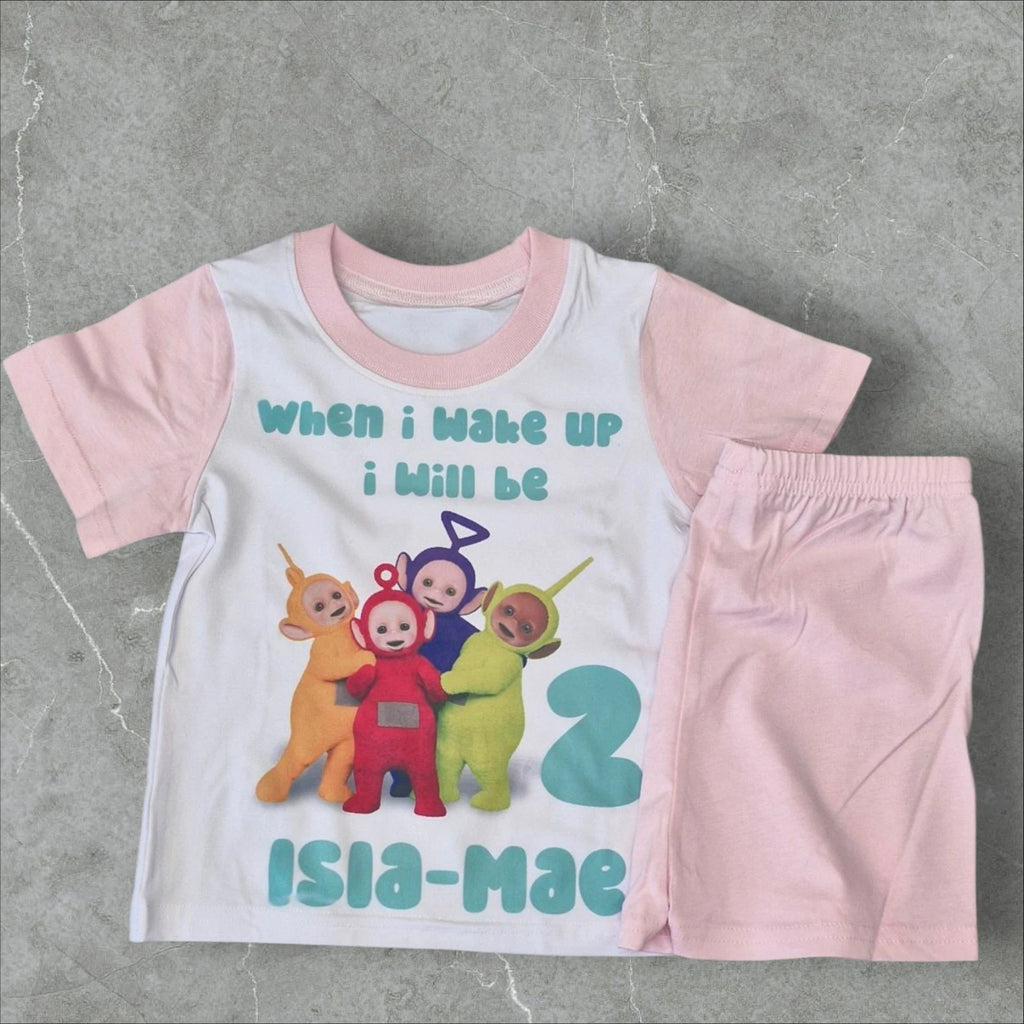 Personalised children birthday pyjamas Teletubbies Theme SHORT SLEEVE
