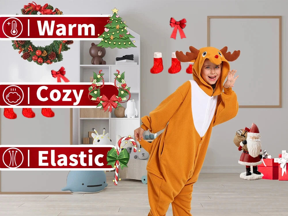 Kids Reindeer Unisex Pajamas Christmas Cosplay Costume Winter One-piece Honewear