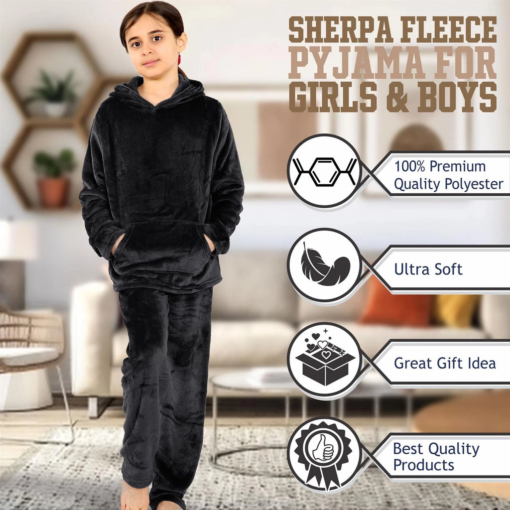Kids Girls Boys Black Warm Fleece Hooded Pyjamas For Sleepover 2 Piece Gift Set
