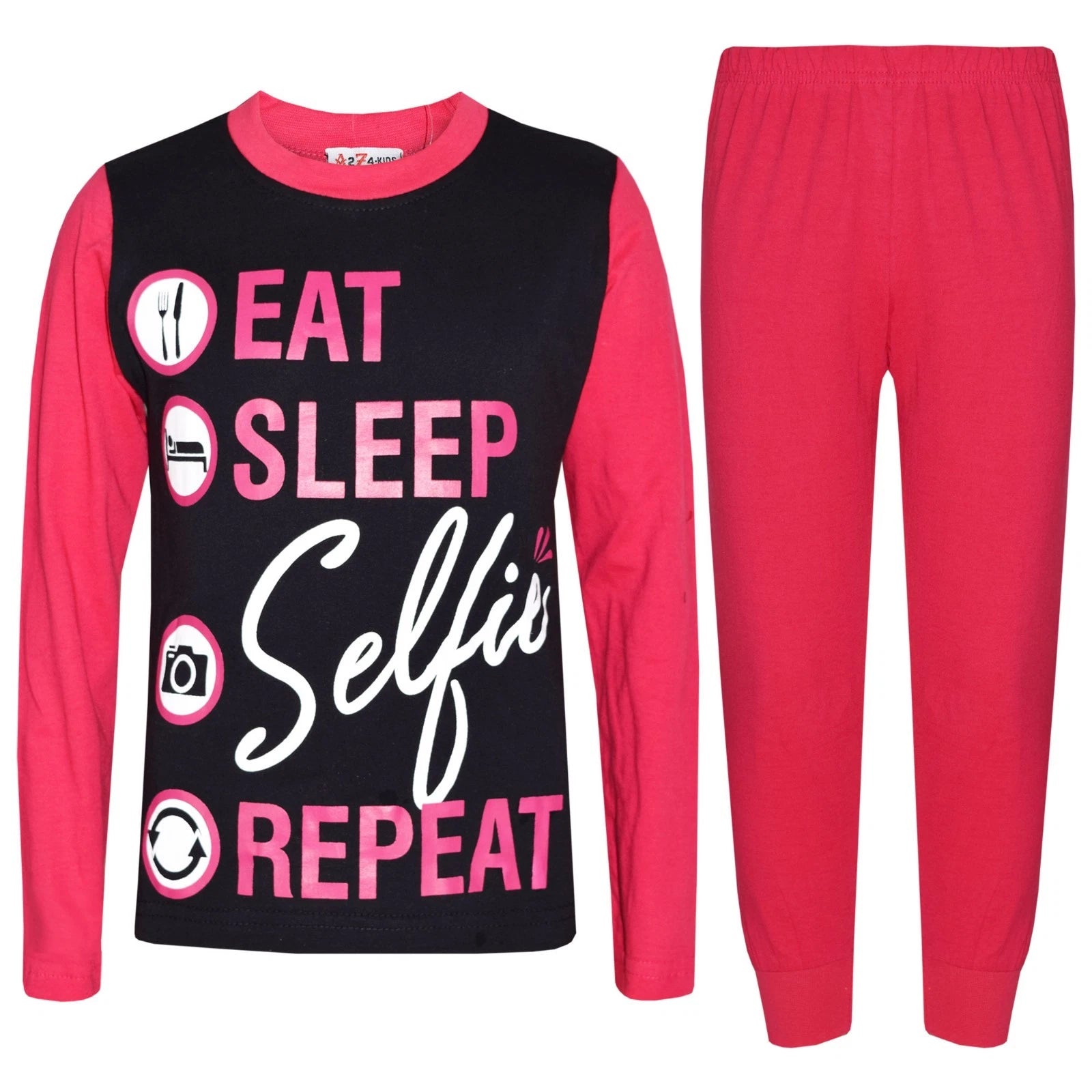 Kids Girls Boys Designer Eat Sleep Selfie Repeat Pyjamas Lounge Wear PJS 2-13 Yr