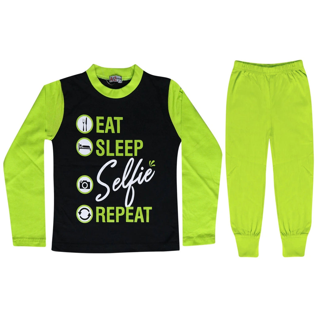Kids Girls Boys Designer Eat Sleep Selfie Repeat Pyjamas Lounge Wear PJS 2-13 Yr