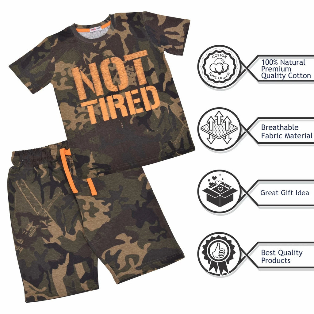 Kids Unisex Girls Boys Camo Green Print Pyjamas Children PJs Shorts Set Age 5-13