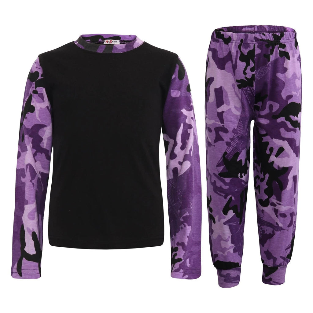 Kids Girls Plain Stylish Contrast Camo Purple Color Pyjamas Set Age 2-13 Years