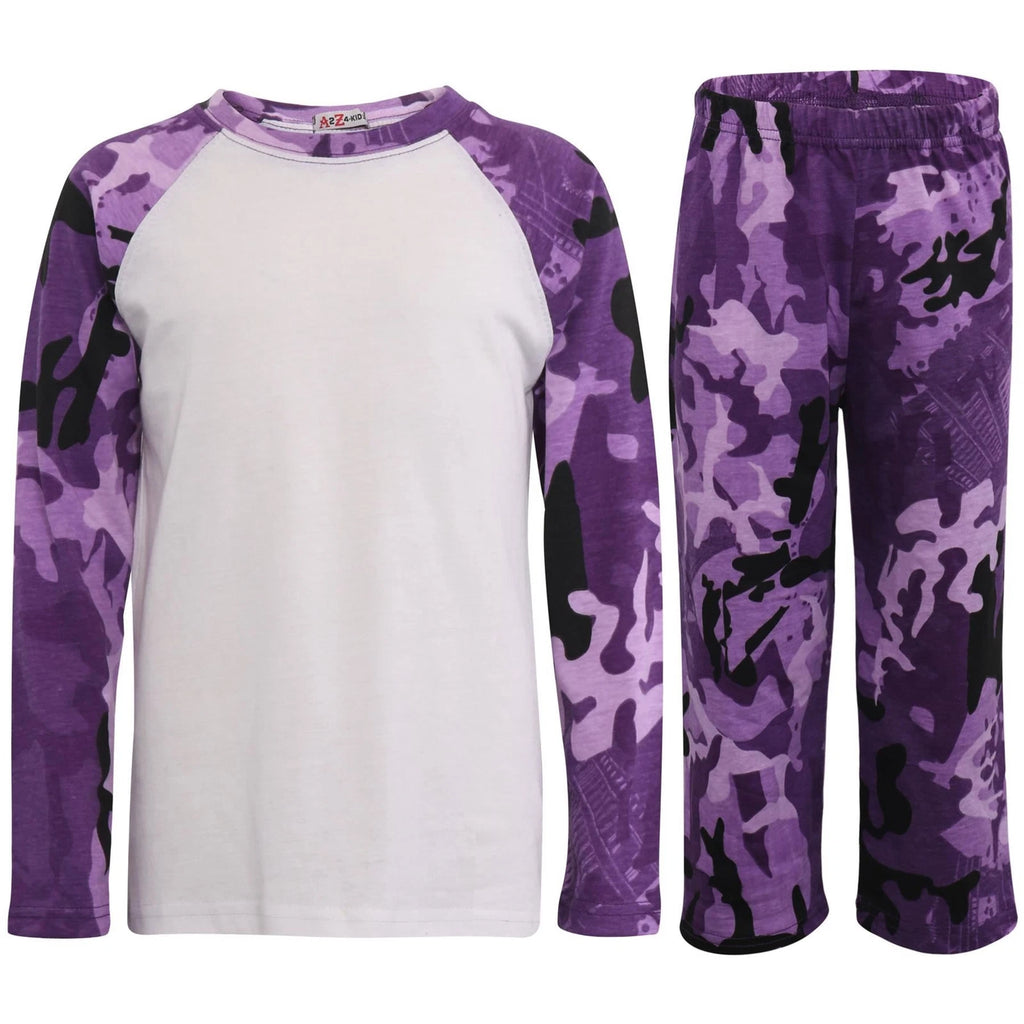Kids Boys Girls Pyjamas Camouflage Contrast Purple Sleeves 2-13 Year