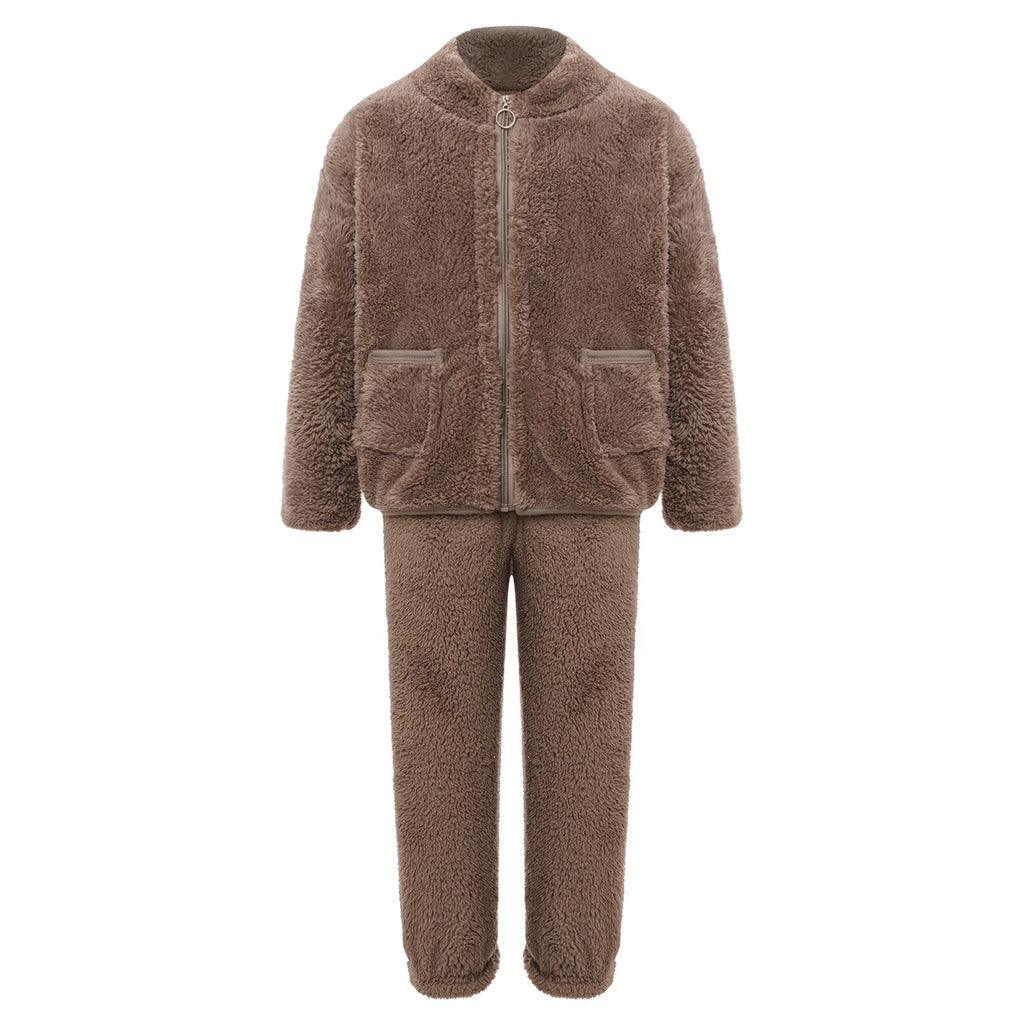Unisex Kids Outfits Winter Set Warm Sleepwear Solid Color Elastic Waistband