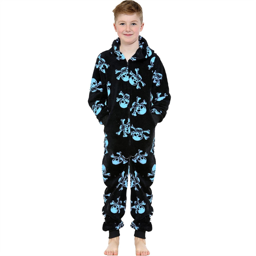 A2Z 4 Kids Girls Boys Fun Skull Print One Piece Black & Blue Pyjama Sets