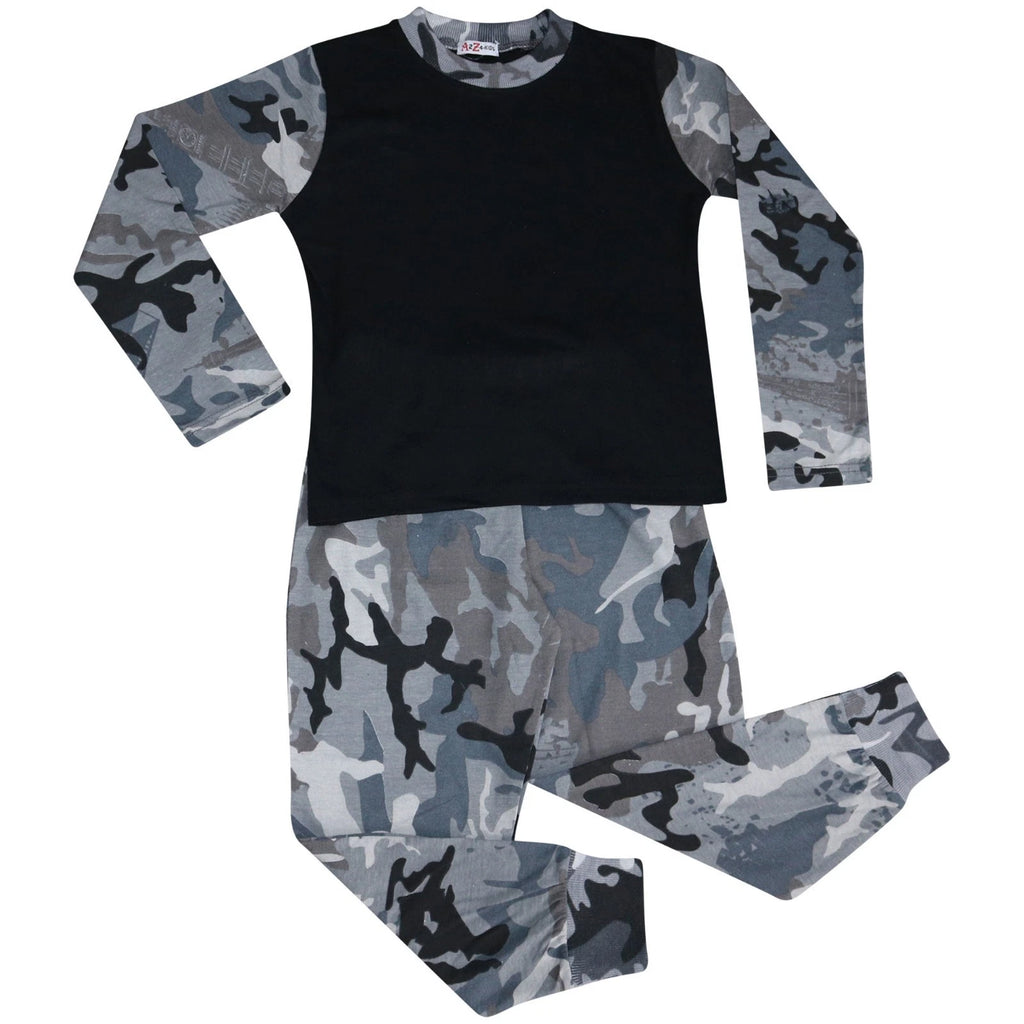 Kids Boys Girls Pjs Contrast Camouflage Charcoal Plain Stylish Pyjamas Set 2-13Y