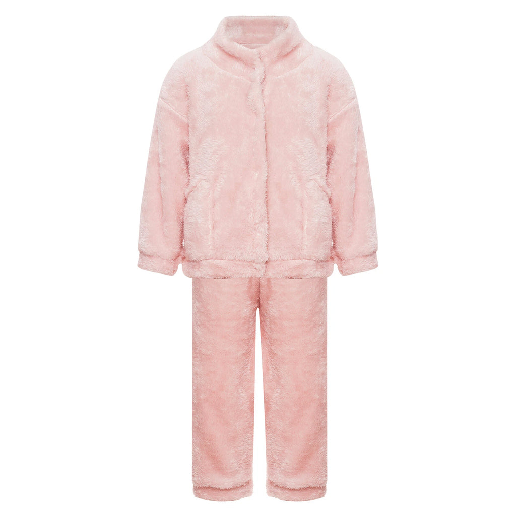 Girl Boy Sleepwear Faux Fur Pajamas Set Trousers Loungewear Buttons Pants Soft