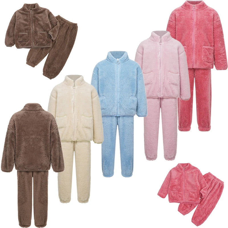 Unisex Kids Outfits Winter Set Warm Sleepwear Solid Color Elastic Waistband