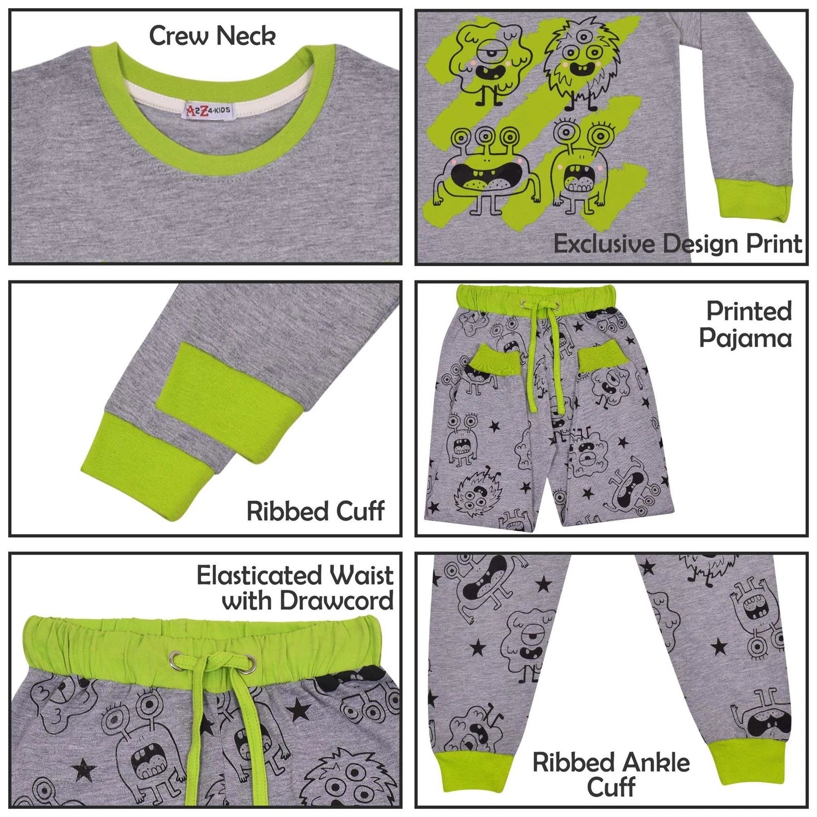 Kids Girls Boy Monster Pyjamas Children Grey 2 Piece Cotton Set