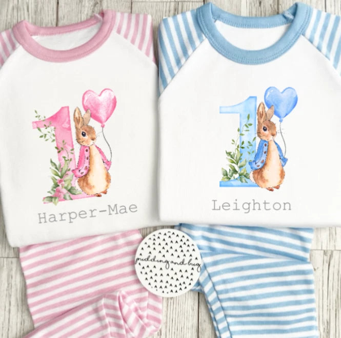 personalised First Birthday Pyjamas peter rabbit flopsy rabbit I Am One pjs