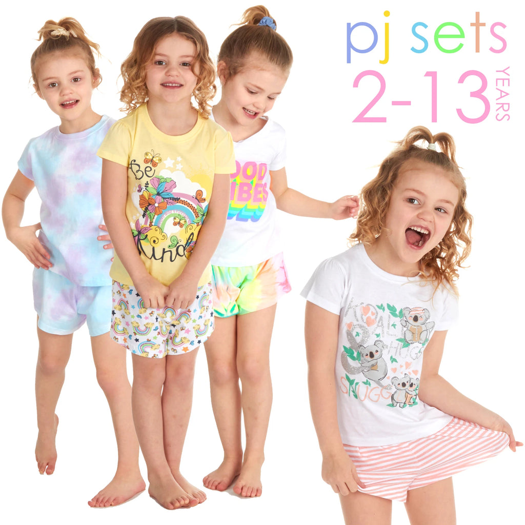 Girls Short Pyjamas Kids Jersey Summer Short Sleeved Pyjama Set Nightwear PJs UK