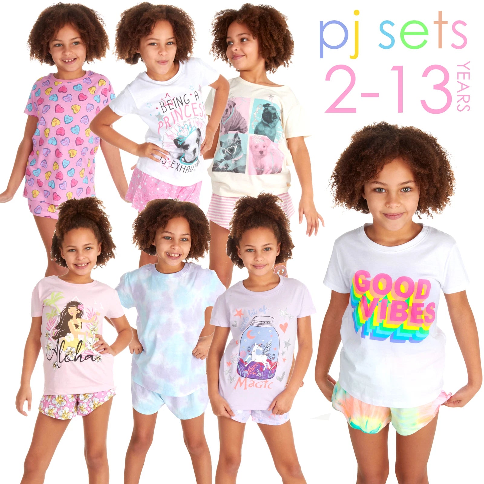 Kids Girls Shorty Pyjamas 2 Piece Pyjama Set 100% Cotton Short Sleeve 2-13 Years