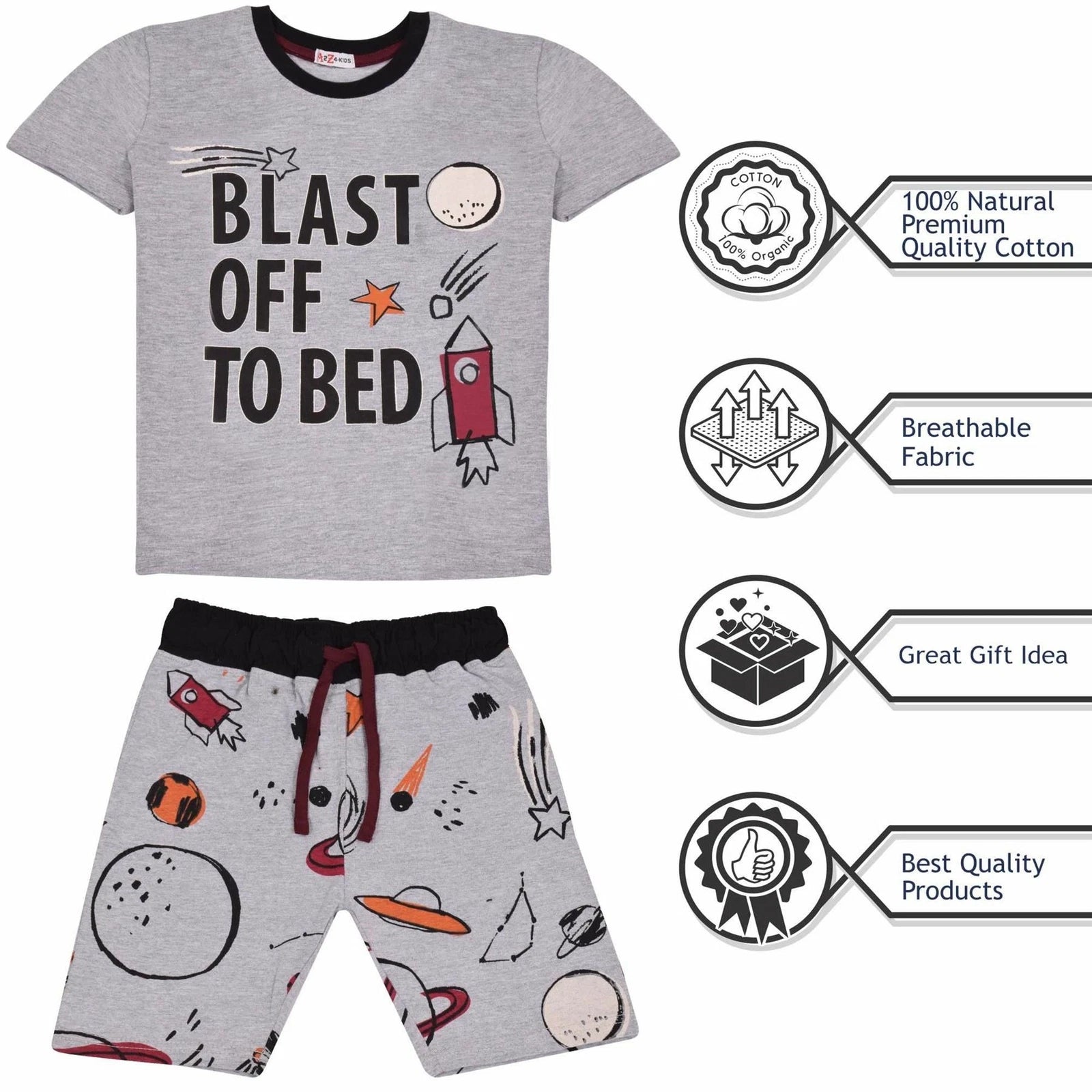Kids Boys Rocket Spaceship Blast Off Grey Pyjamas PJs 2 Piece Sleepwear Set 2-13