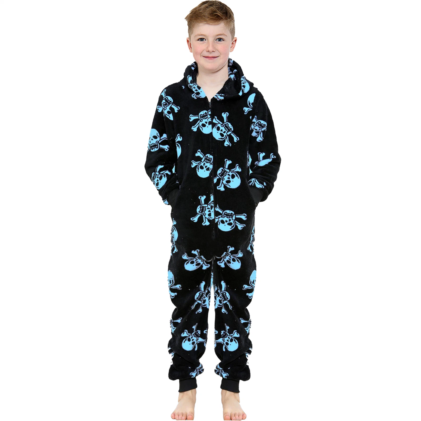 A2Z 4 Kids Girls Boys Fun Skull Print One Piece Black & Blue Pyjama Sets
