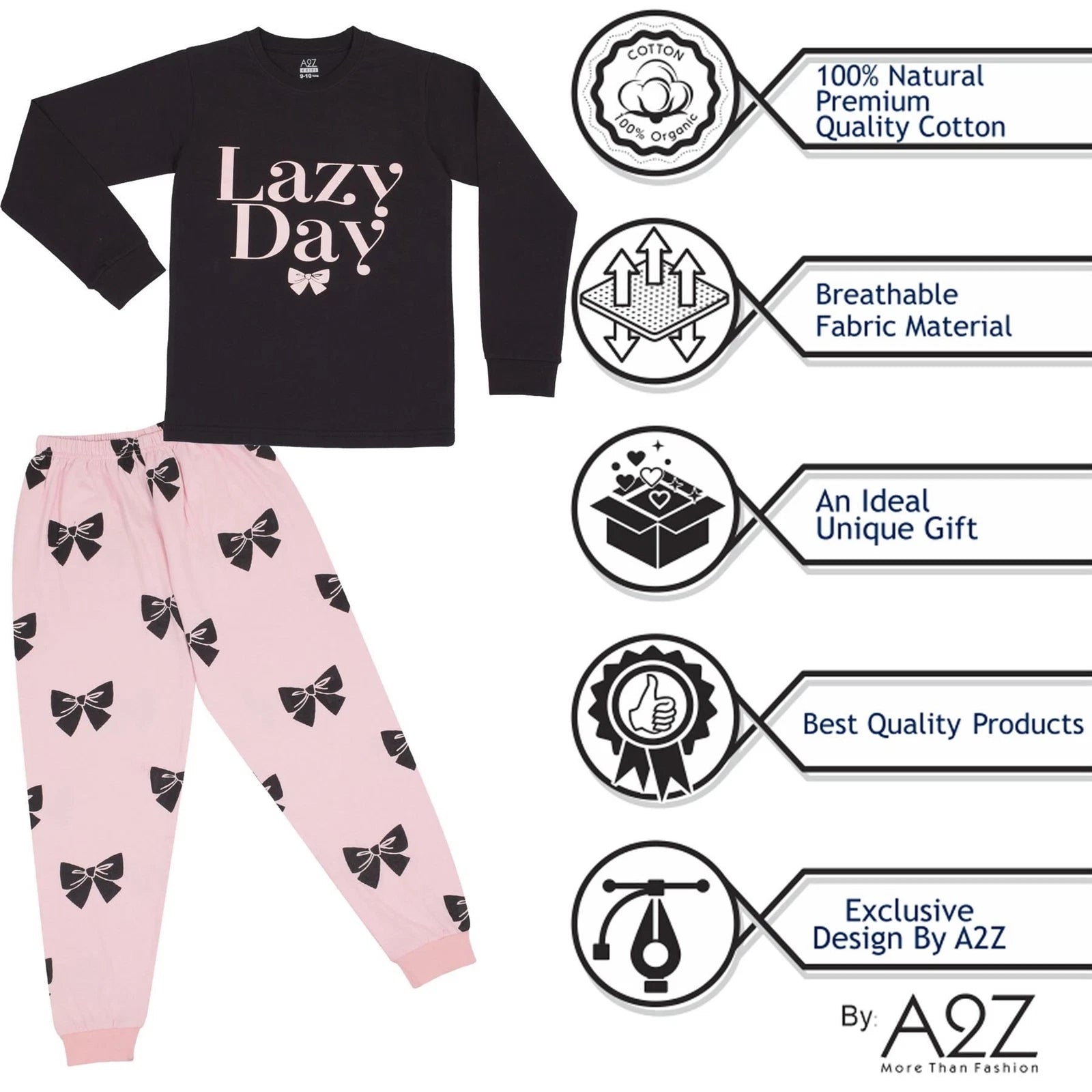 Kids Girls Pyjamas Black Lazy Day Print Contrast Cotton PJs Set Lounge Suit 5-13