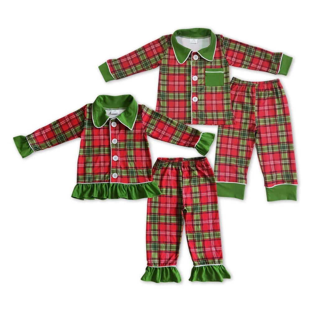 New Baby Sibling Christmas Red Green Plaid Button Ups Pajamas Sets Sleepwear