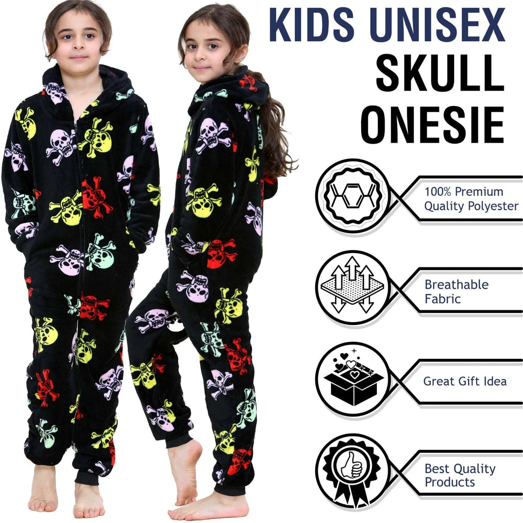 Kids Girls Boys Fun Skull Print A2Z Onesie One Piece Black & Multi Pyjama Sets