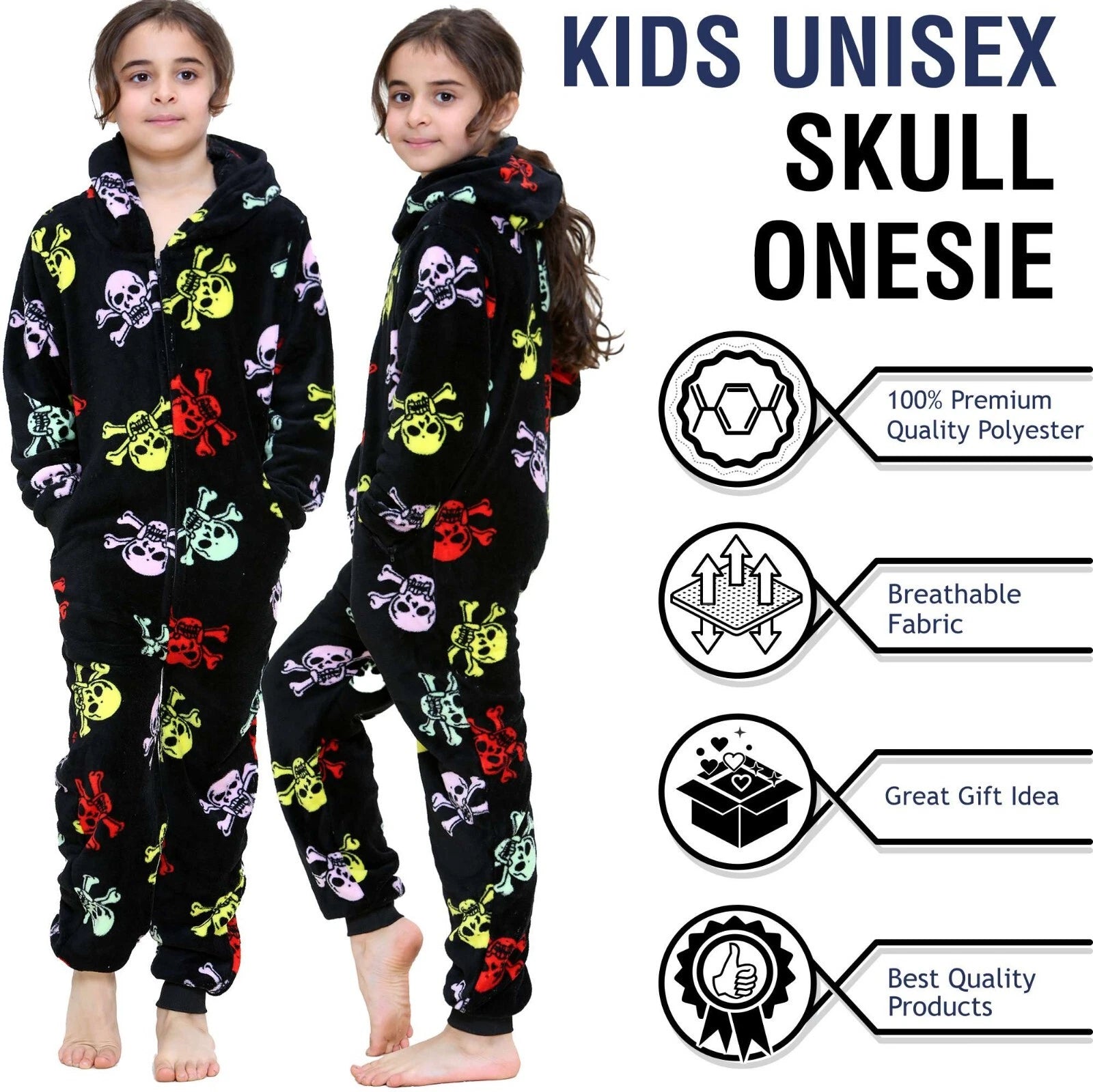 Kids Girls Boys Fun Skull Print A2Z Onesie One Piece Black & Multi Pyjama Sets