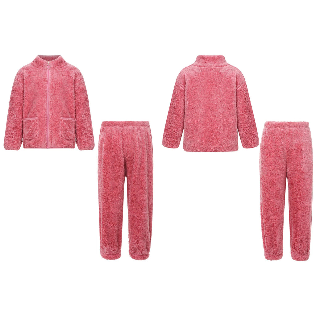 Unisex Kids Outfits Winter Set Warm Sleepwear Solid Color Elastic Waistband