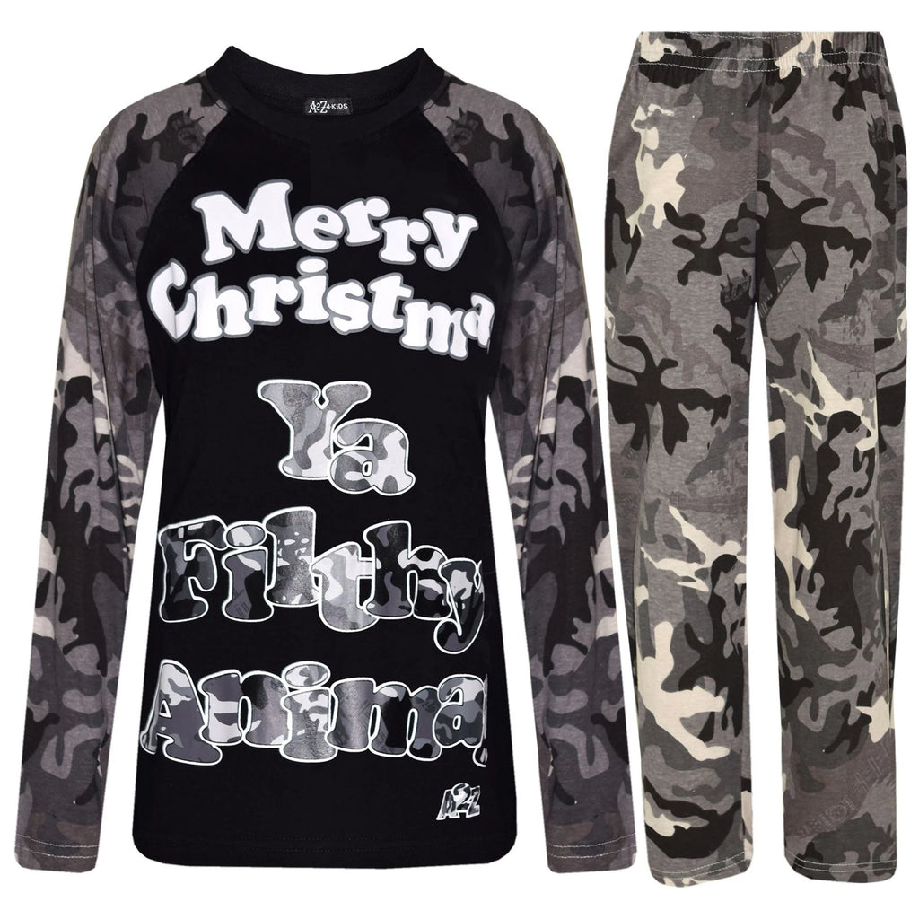 Kids Girls Boys Camo Charcoal Print PJ S YA FILTHY Christmas Pyjamas Sets