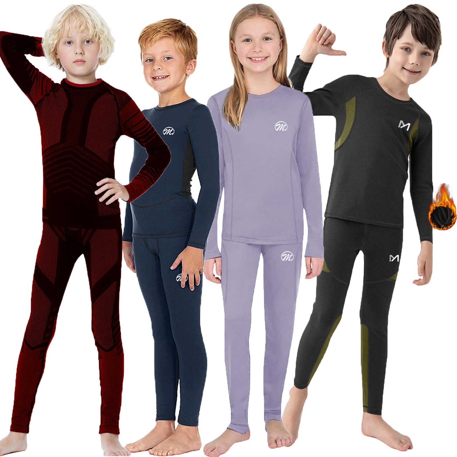 Kids Thermal Underwear Set Soft Fleece Lined Long Johns Warm Baselayer For Ski