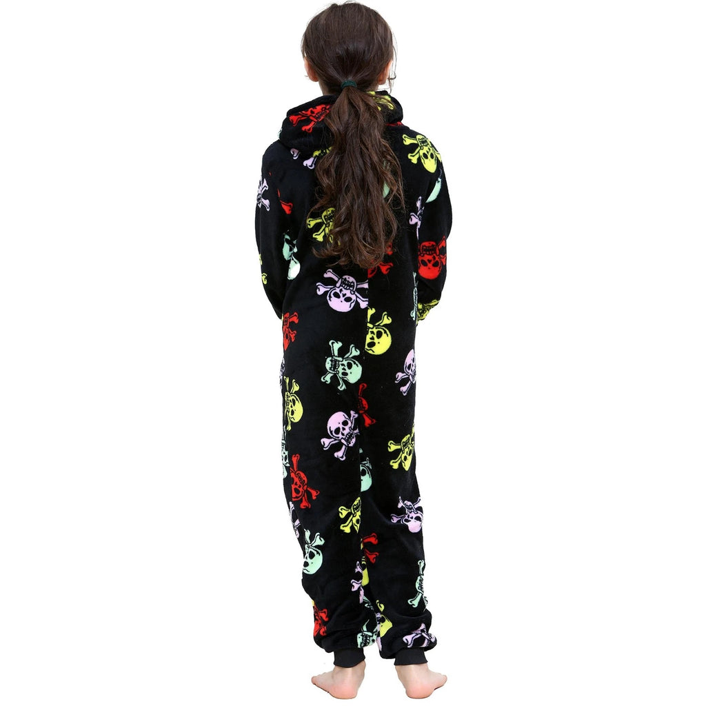 Kids Girls Boys Fun Skull Print A2Z Onesie One Piece Black & Multi Pyjama Sets