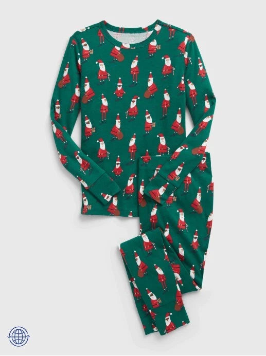 New Gap Kids Unisex Green Santa Claus Long Sleeves Sleep PJ Set Pajama 6 Cotton