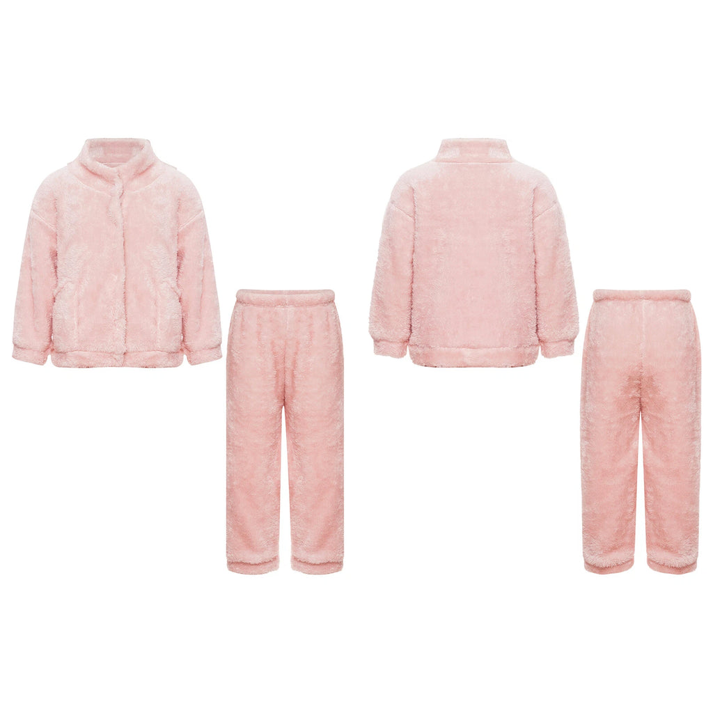Girl Boy Sleepwear Faux Fur Pajamas Set Trousers Loungewear Buttons Pants Soft