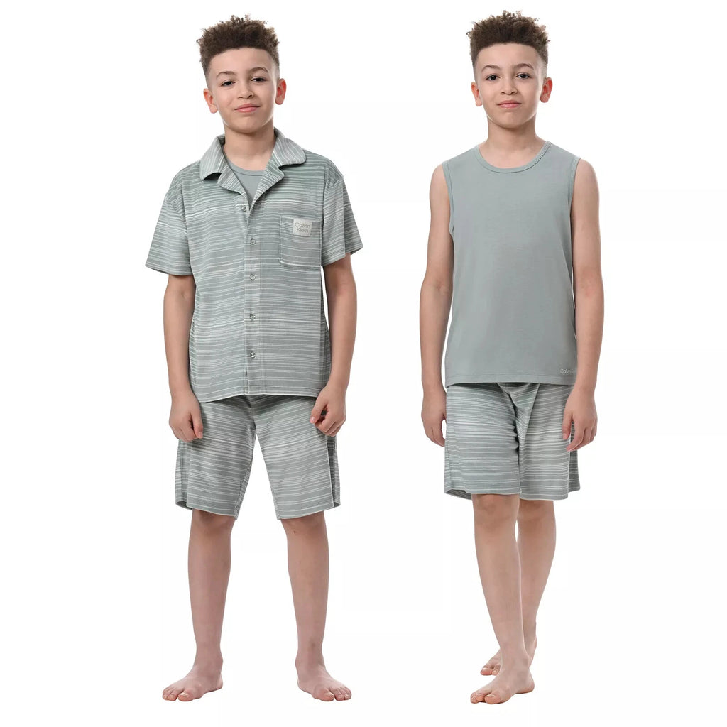 Ck Calvin Klein-Boys Short Sleeve Button-down Shirt and Shorts Pajama Set 3 NEW