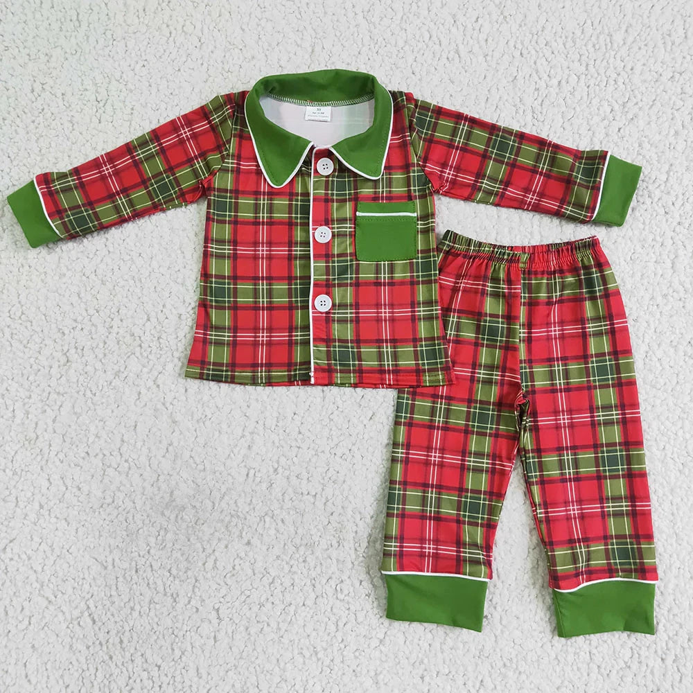 New Baby Sibling Christmas Red Green Plaid Button Ups Pajamas Sets Sleepwear