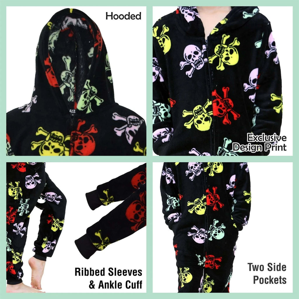 A2Z 4 Kids Girls Boys Fun Skull Print One Piece Black & Multi Pyjama Sets