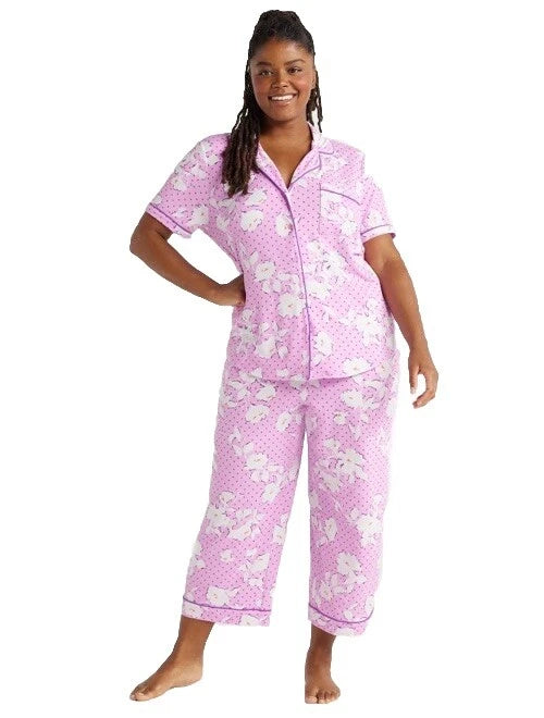 Joyspun Womens Notch Collar & Capri pants Sleep Set, Size S - 3XL