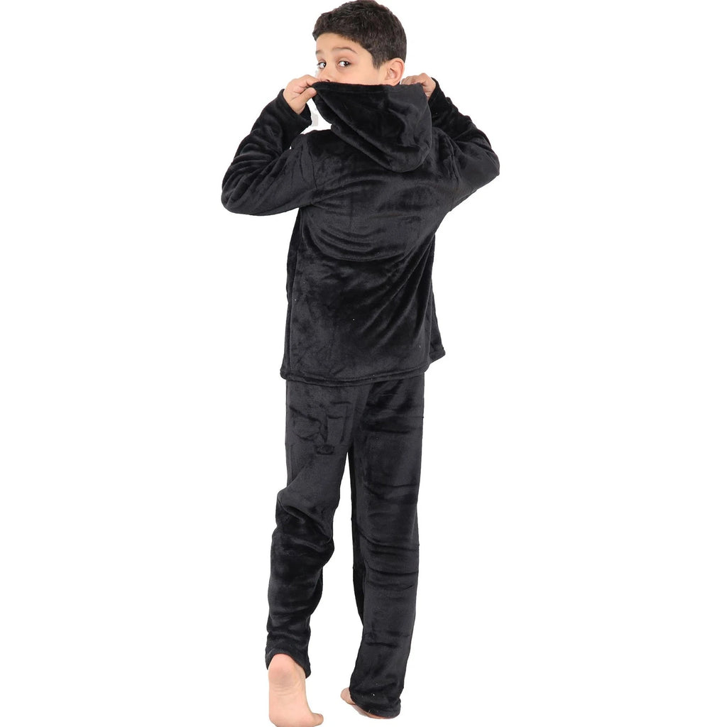 Kids Girls Boys Black Warm Fleece Hooded Pyjamas For Sleepover 2 Piece Gift Set