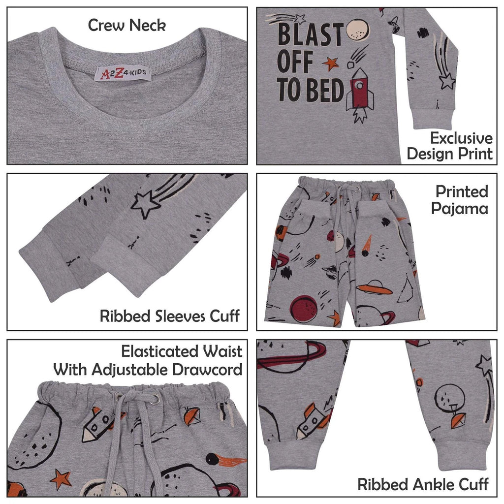 Kids Boys Rocket Spaceship Blast Off Grey Pyjamas PJs 2 Piece Sleepwear Set