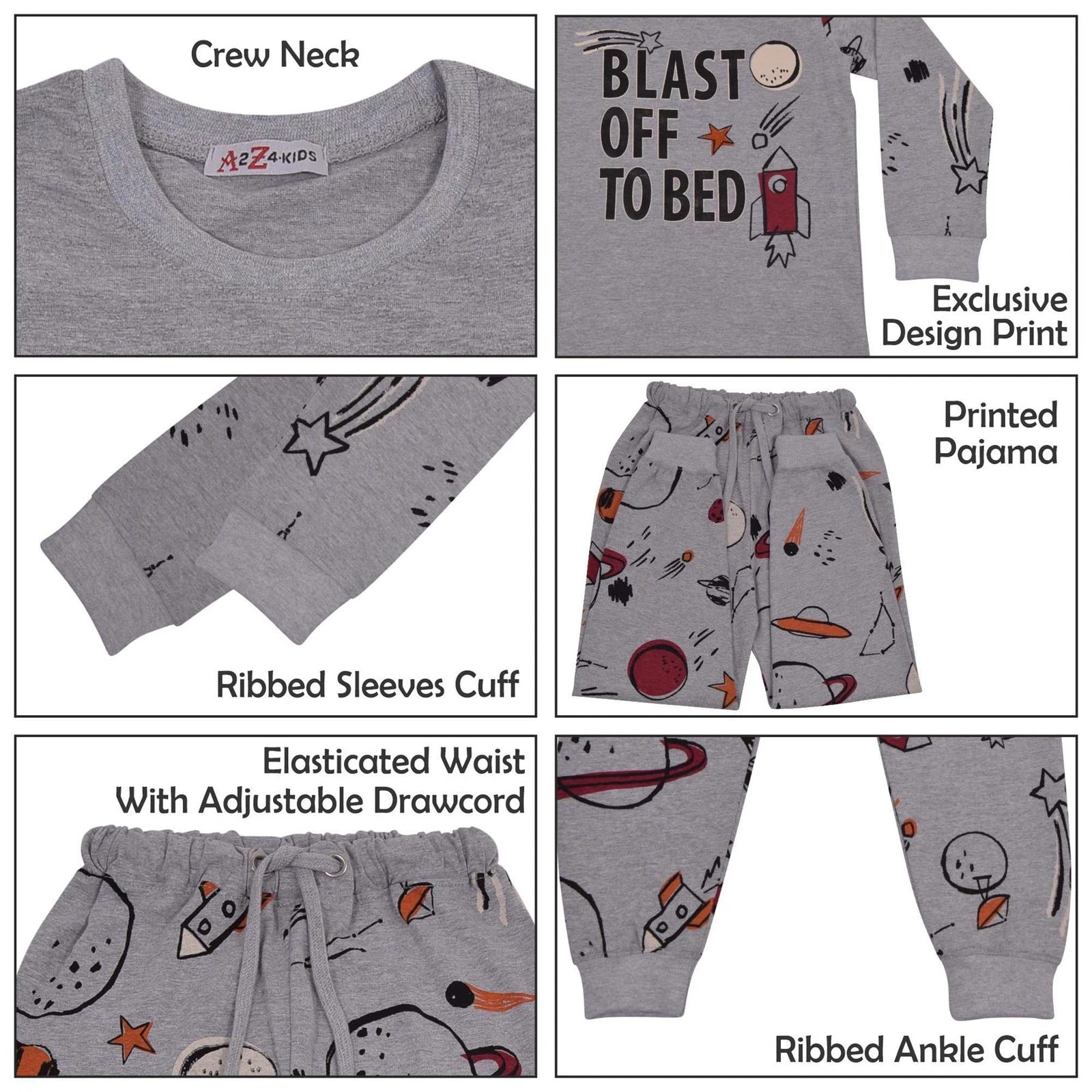 Kids Boys Rocket Spaceship Blast Off Grey Pyjamas PJs 2 Piece Sleepwear Set