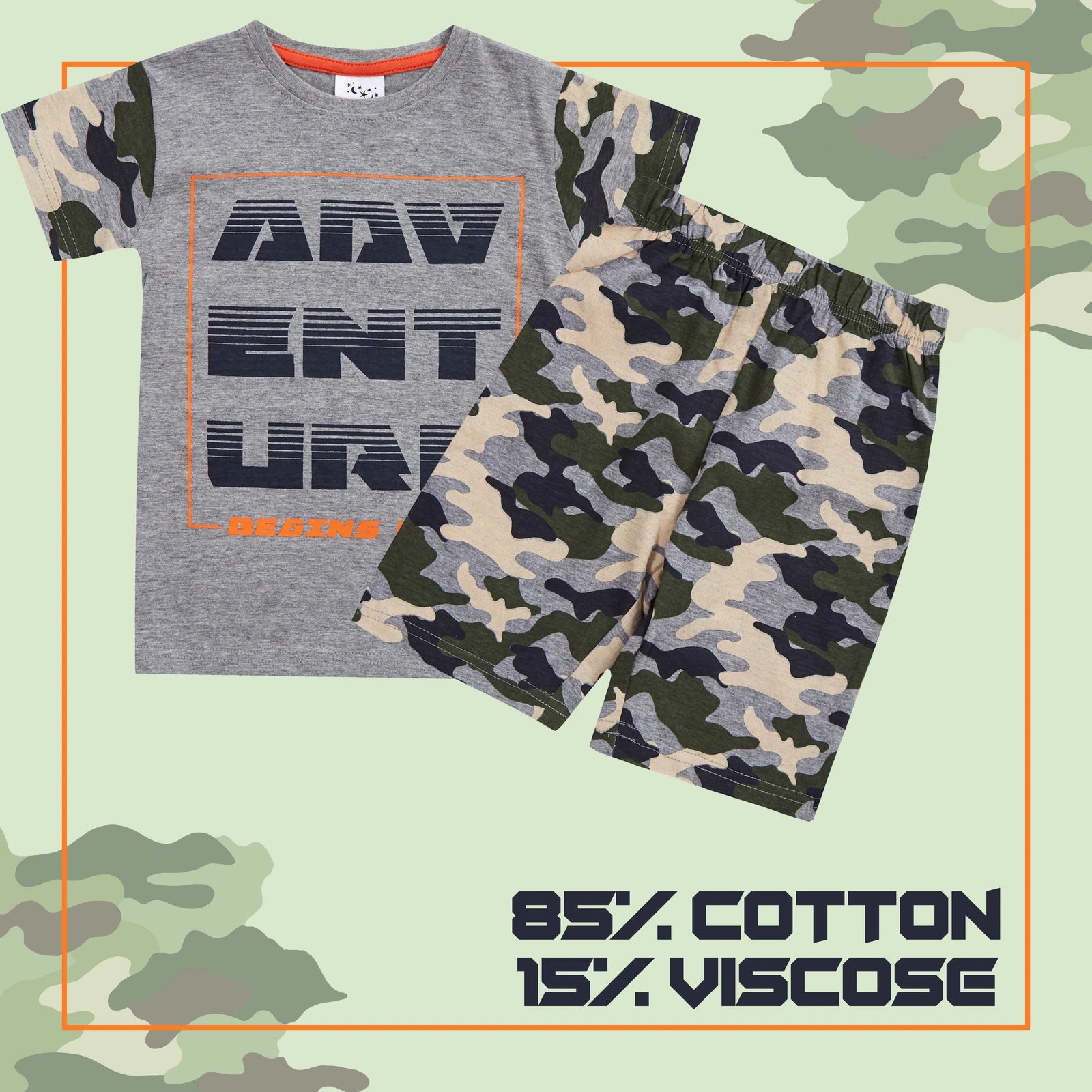 Boys Camo Pyjama Set Summer Outfit 2-Piece PJ's Nightwear Camouflage 2-13 Years