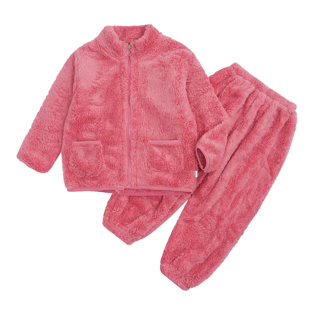 Unisex Kids Outfits Winter Set Warm Sleepwear Solid Color Elastic Waistband