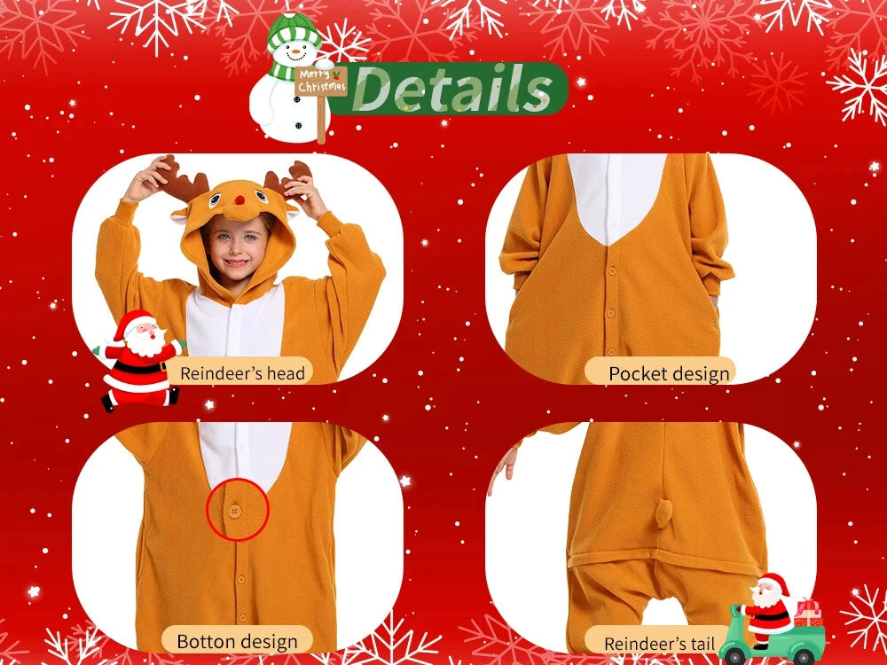 Kids Reindeer Unisex Pajamas Christmas Cosplay Costume Winter One-piece Honewear
