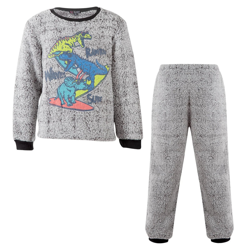 A2Z 4 Kids Girls Boys Grey Pyjamas Dinosaur 2 Piece Soft Thick Pile Fleece Set