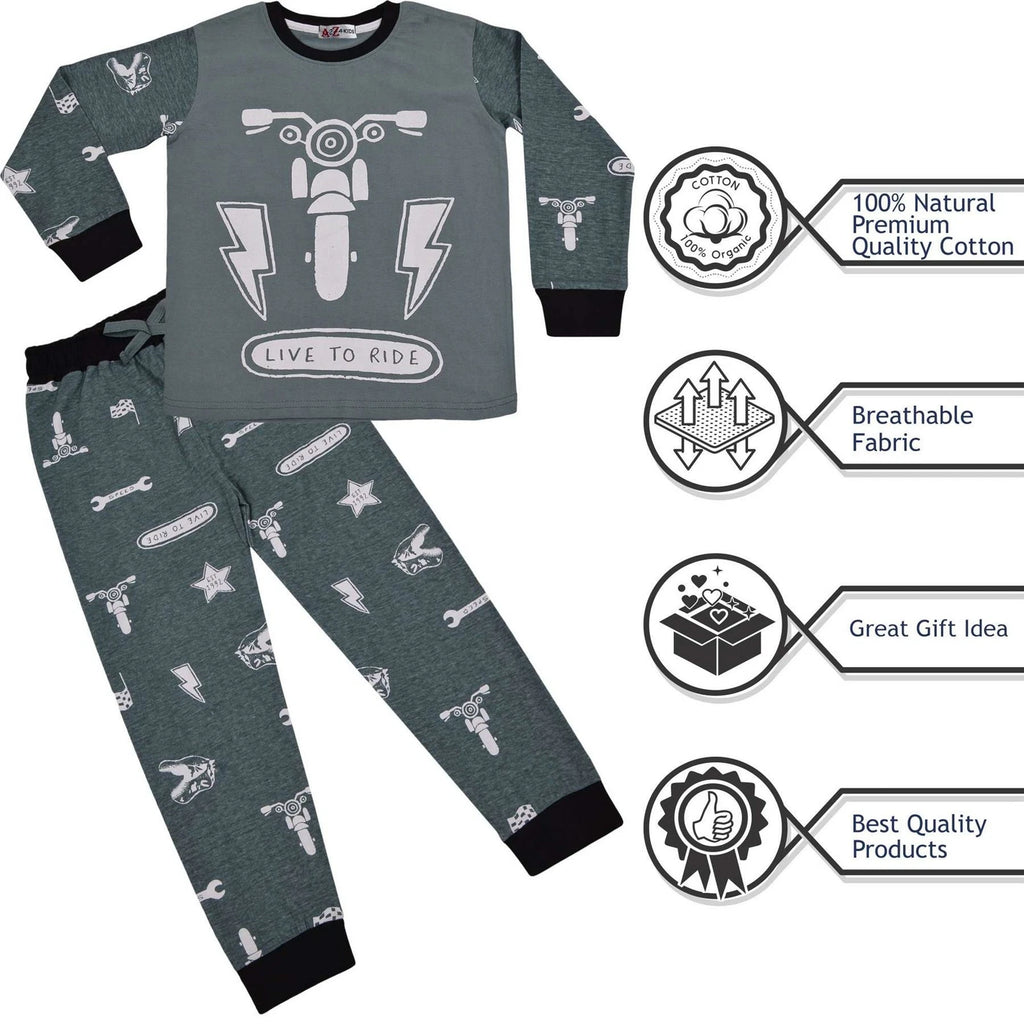 Kids Girls Boys Live to Ride Childrens Pyjamas 2 Piece Cotton PJs Set Nightwear