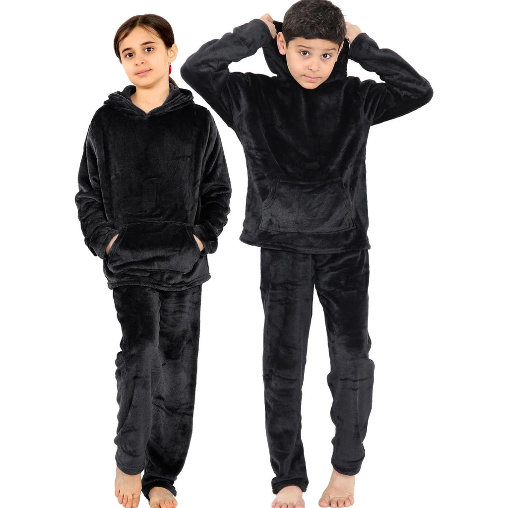 Kids Girls Boys Black Warm Fleece Hooded Pyjamas For Sleepover 2 Piece Gift Set
