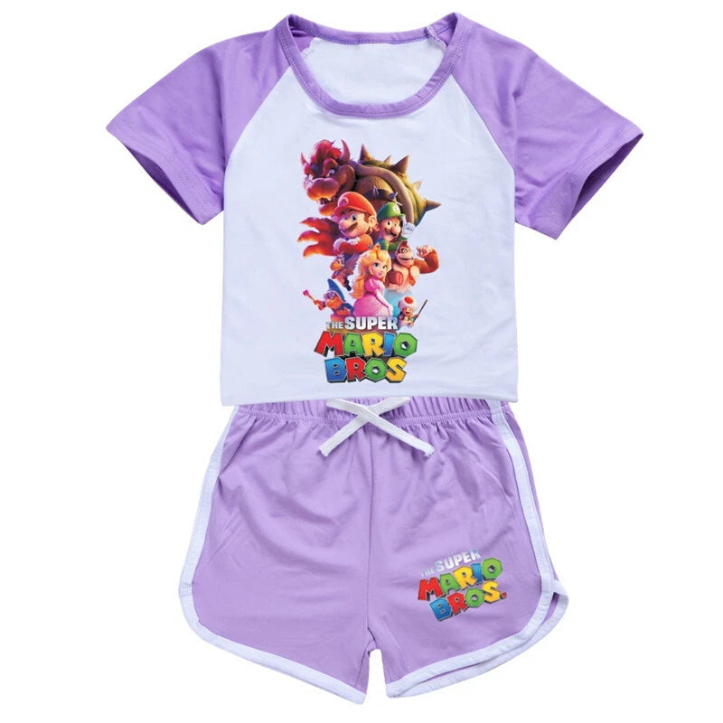 Hot Mario Bros Boys Girls Shorts T-shirt Set Kids PJ'S Loungewear Tracksuit Gift