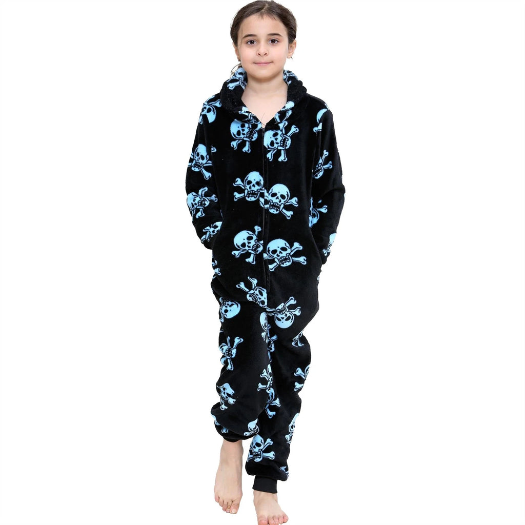 A2Z 4 Kids Girls Boys Fun Skull Print One Piece Black & Blue Pyjama Sets