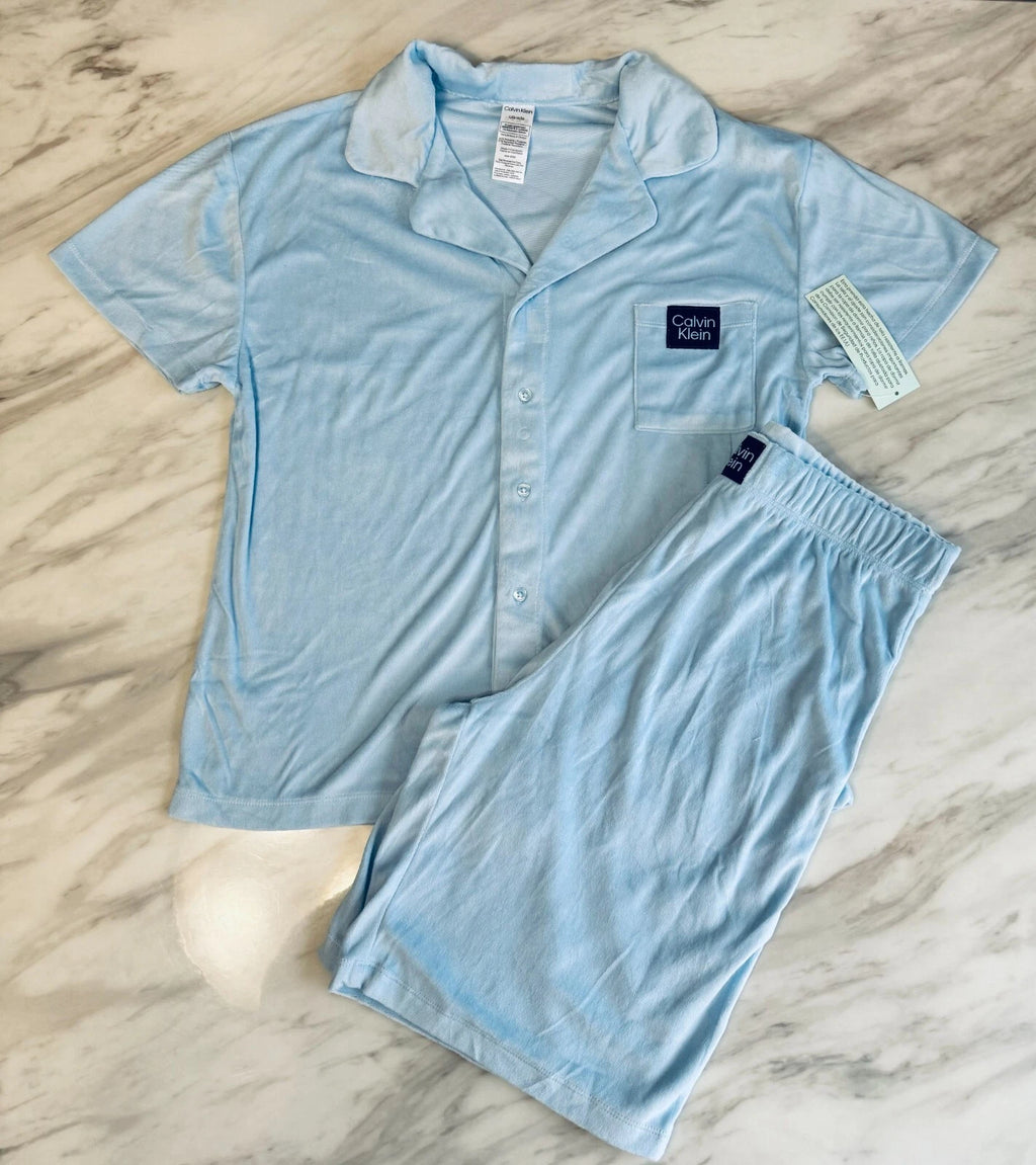 Ck Calvin Klein-Boys Short Sleeve Button-down Shirt and Shorts Pajama Set 3 NEW