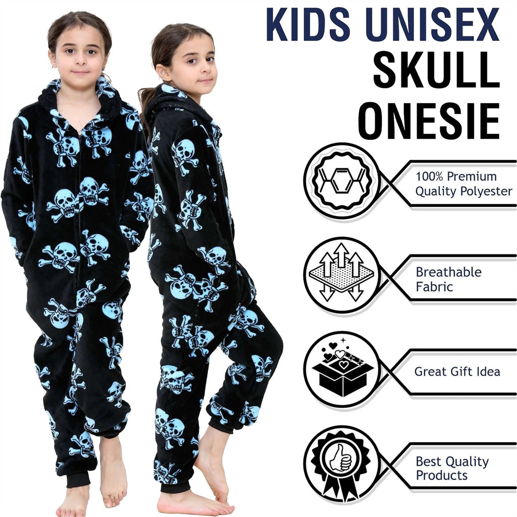 A2Z 4 Kids Girls Boys Fun Skull Print One Piece Black & Blue Pyjama Sets